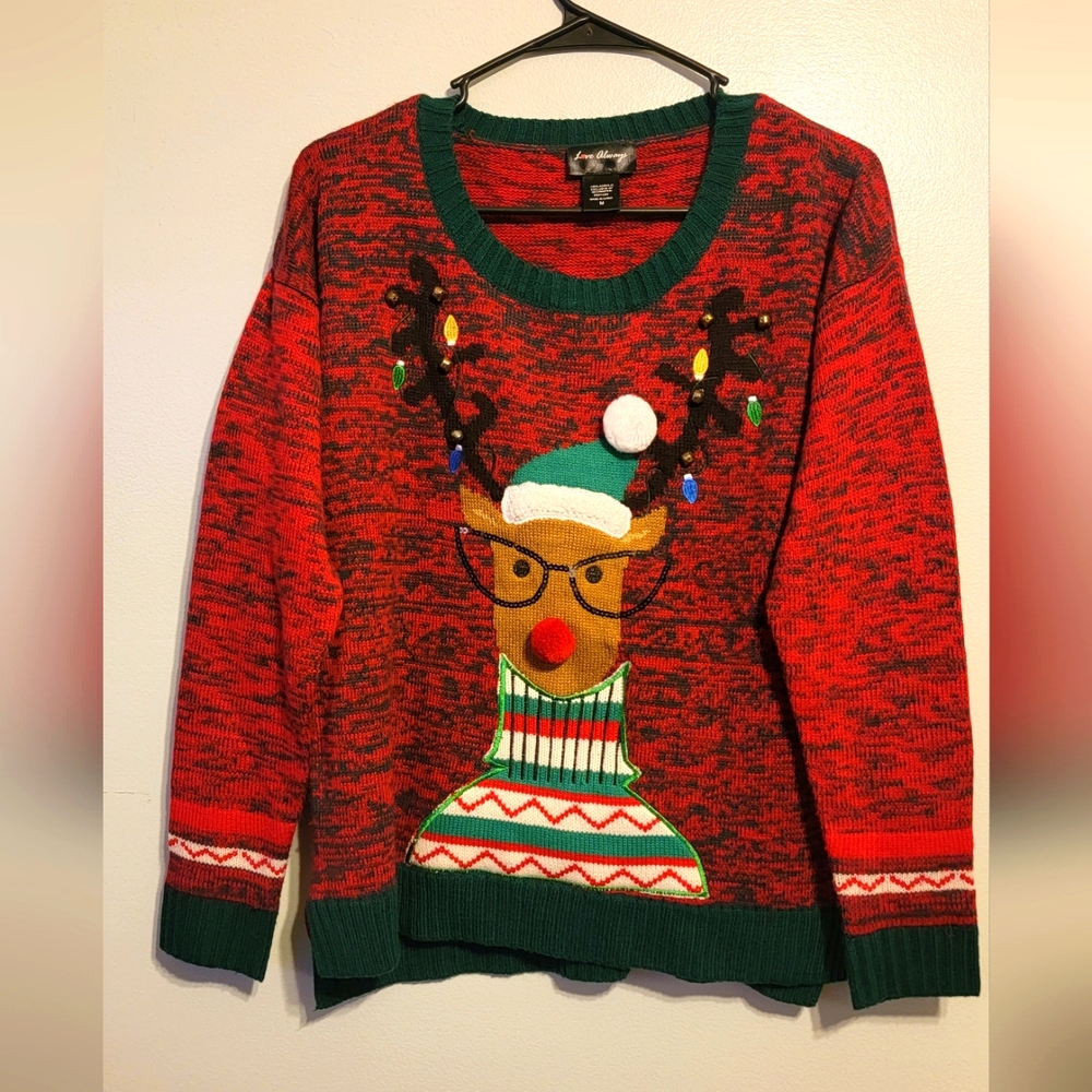 Girls Sz M Ugly Christmas Sweater Reindeer Bells Glasses